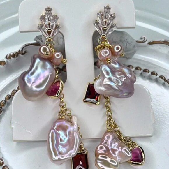 Handmade Freshwater Pink Keshi Pearl Crystal Earrings - Picture 3 of 3